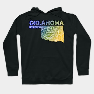 Colorful mandala art map of Oklahoma with text in blue and yellow Hoodie